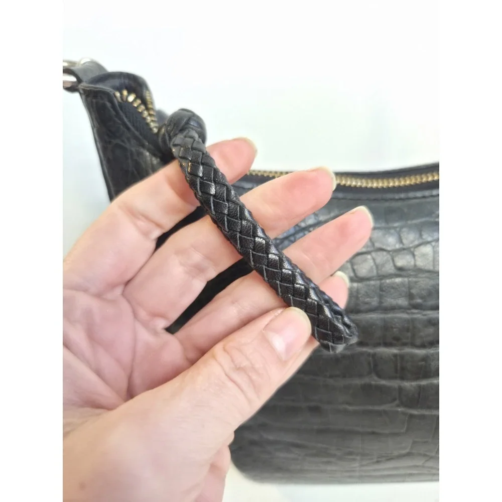 BRIGHTON Vintage Black Leather Croc Embossed Large‎ Handbag Shoulder Hobo
